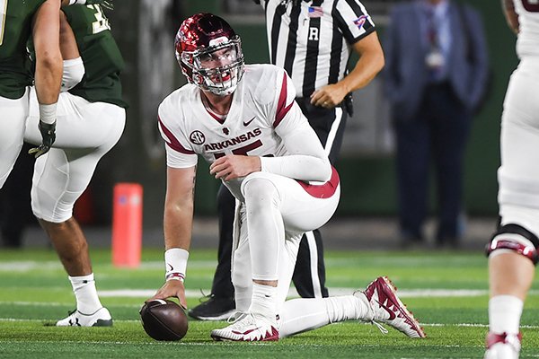 Arkansas Razorbacks quarterback Cole Kelley (15) reacts after a sack during the fourth quarter of a football game, Saturday, September 8, 2018 at Colorado State University in Fort Collins, Colo.