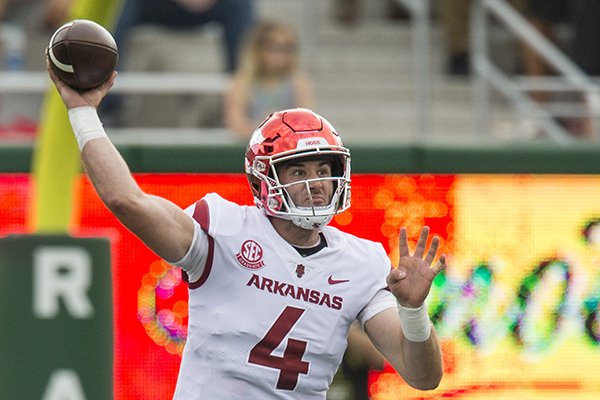 Ty Storey, Arkansas quarterback, throws a pass in the 1st quarter vs Colorado State Saturday, Sept. 8, 2018, at Canvas Stadium in Fort Collins, Colo.