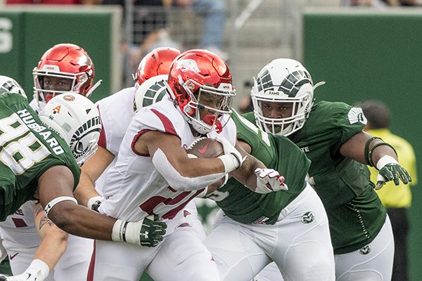 Devwah Whaley, Arkansas running back, carries in the 1st quarter vs Colorado State Saturday, Sept. 8, 2018, at Canvas Stadium in Fort Collins, Colo.