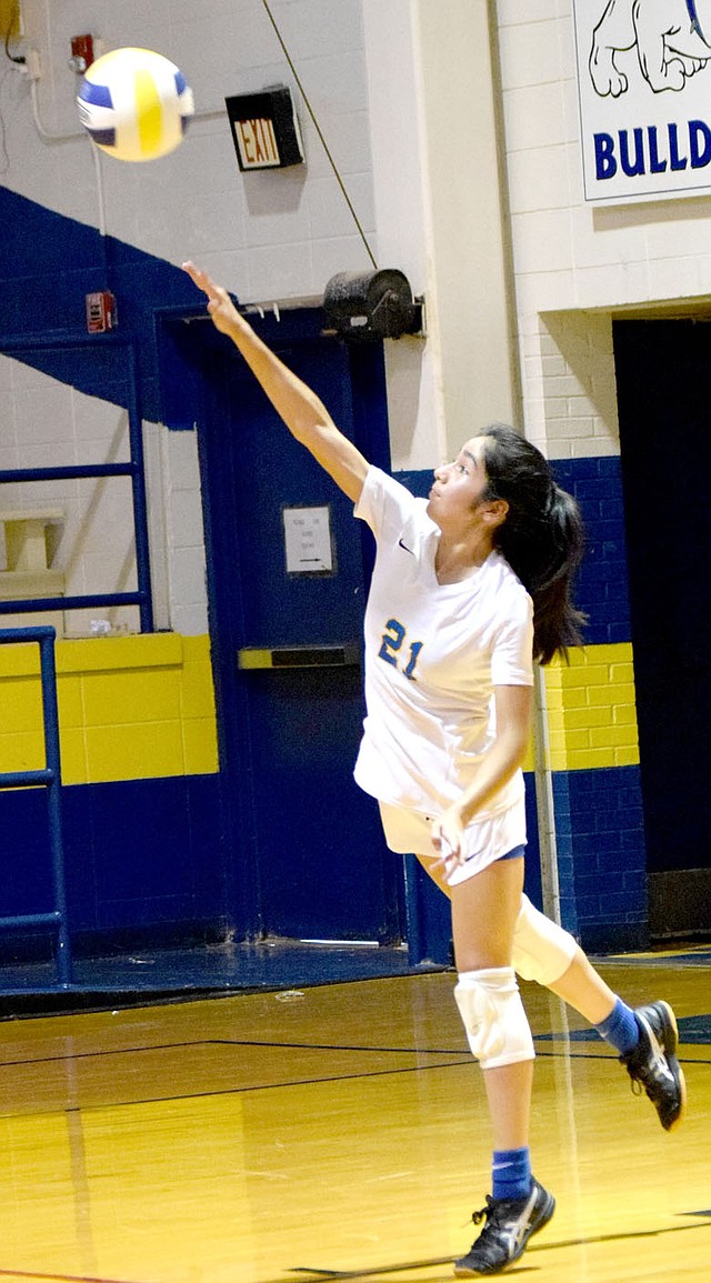 Westside Eagle Observer/MIKE ECKELS Stephanie Sandoval serves a ball toward the Lady Hornets' side of the net during the first set of the Decatur-Hackett varsity volleyball match in Decatur Sept. 4.