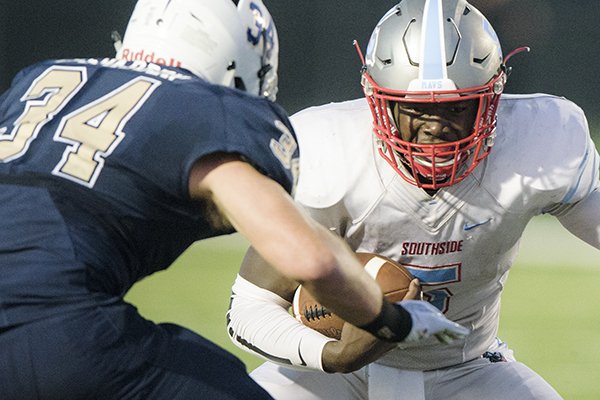 Fort Smith Southside running back Taye Gatewood (5) runs the ball during a football game, Friday, Aug. 31, 2018, at Bentonville West High School in Centerton.
