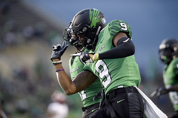 North Texas defensive back Nate Brooks (9) celebrates after his interception against Incarnate Word during an NCAA college football game Saturday, Sept. 8, 2018, in Denton, Texas. (Jake King/The Denton Record-Chronicle via AP)

