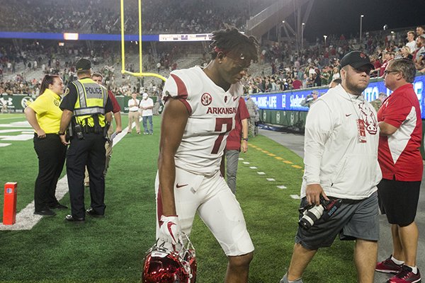 Arkansas receiver Jonathan Nance leaves the field following the Razorbacks' 34-27 loss to Colorado State on Saturday, Sept. 8, 2018, in Fort Collins, Colo.