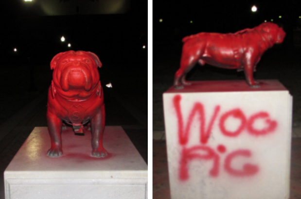 Mississippi State University police say vandals spray painted the words "Woo Pig" on a statue of the school's bulldog mascot.