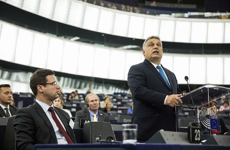 Hungarian Prime Minister Viktor Orban delivers a speech at the European Parliament in Strasbourg, eastern France, on Tuesday. 
