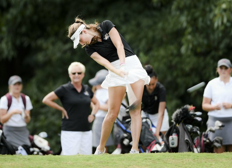 NWA Democrat-Gazette/CHARLIE KAIJO Bentonville girls golfer, Lilly Thomas, tees off during a golf tournament, Thursday, September 6, 2018 at the Bella Vista Country Club in Bella Vista. 

Bentonville girls golfer, Lilly Thomas, who is one of the leaders on the defending state championship team, recently became a verbal commitment to Tulsa.