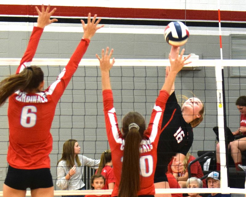 Rick Peck/Special to McDonald County Press McDonald County's Ember Killion hits a spike during the Lady Mustangs' 25-15, 25-18 loss to Webb City on Sept. 6 at MCHS.