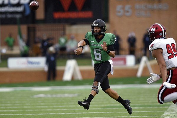 North Texas quarterback Mason Fine (6) throws a pass against Incarnate Word during an NCAA college football game Saturday, Sept. 8, 2018, in Denton, Texas. (Jake King/The Denton Record-Chronicle via AP)

