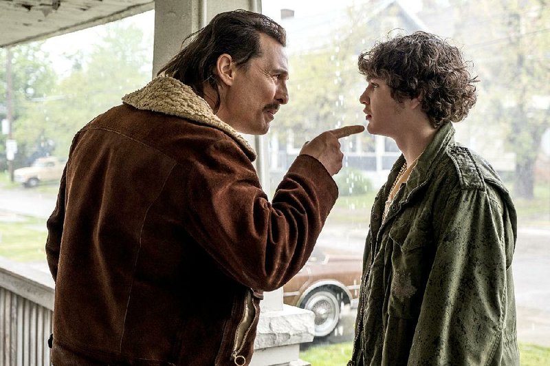 Richard Wershe Sr. (Matthew McConaughey) has a word with his son Rick (Richie Merritt), a street hustler, drug kingpin and the youngest FBI informant ever, in the based-on-a-true-story White Boy Rick.
