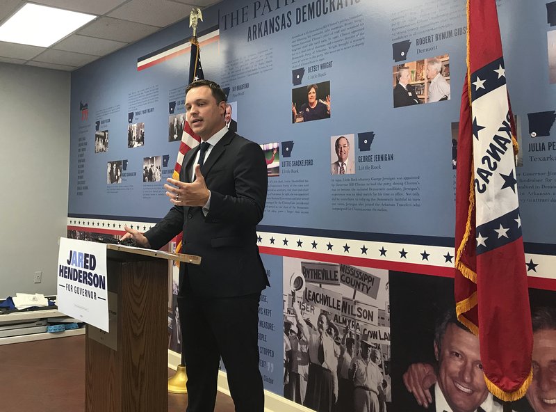 Jared Henderson, Democratic nominee for governor in Arkansas, talks about the state's work requirement for its Medicaid expansion at a news conference at the state Democratic Party headquarters Little Rock, Ark., Wednesday, Sept. 12, 2018. (AP Photo/Andrew DeMillo)