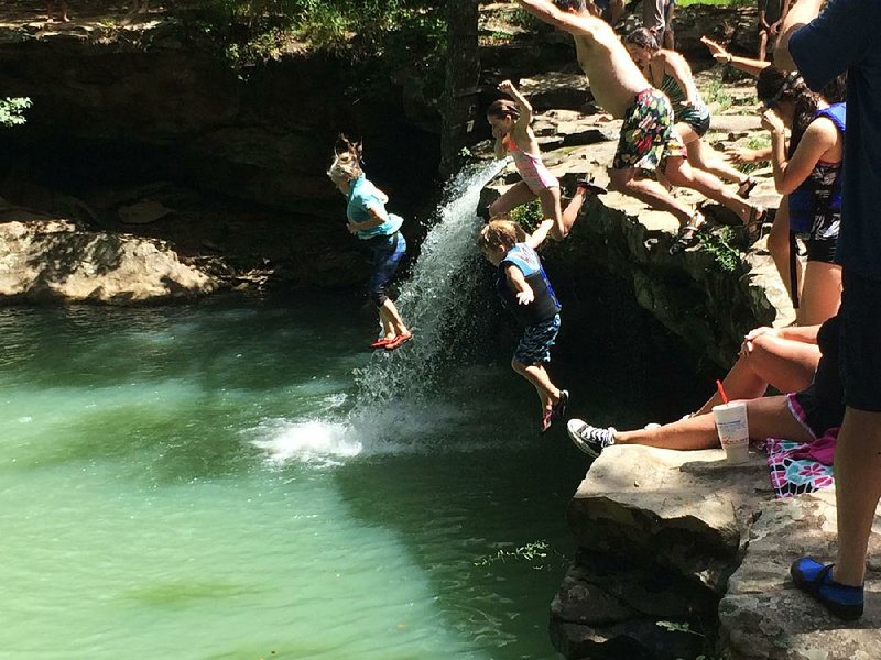 A group of revelers jumps into a deep pool on Falling Water Creek on Labor Day in the Ozark National Forest in Searcy County. 