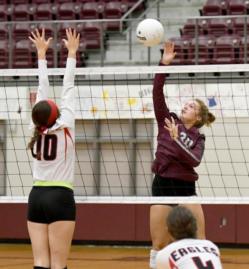 Bud Sullins/Special to Siloam Sunday Siloam Springs senior Katie Kendrick hits over Vilonia's Lainey Wilson during Thursday's match at Panther Activity Center.