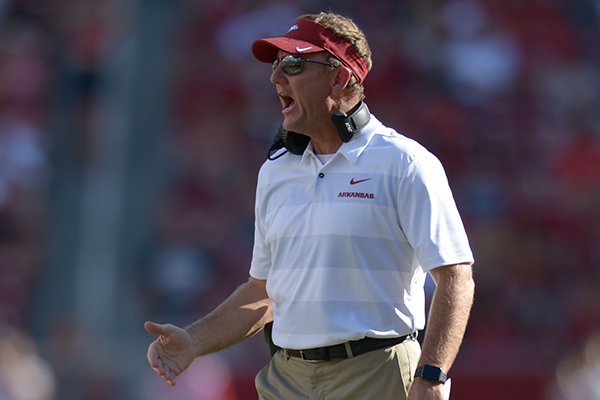 Arkansas coach Chad Morris calls his players to the sideline against North Texas Saturday, Sept. 15, 2018, during the second quarter at Razorback Stadium in Fayetteville. Visit nwadg.com/photos to see more photographs from the game.