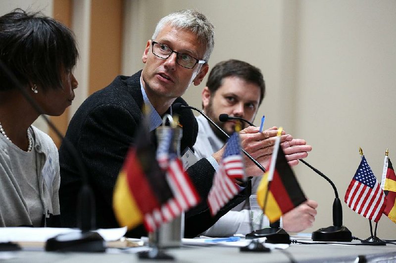 Matthias Pfeil of Dresden, Germany, speaks during the Transatlantic Walkability Symposium on Thursday in Little Rock.