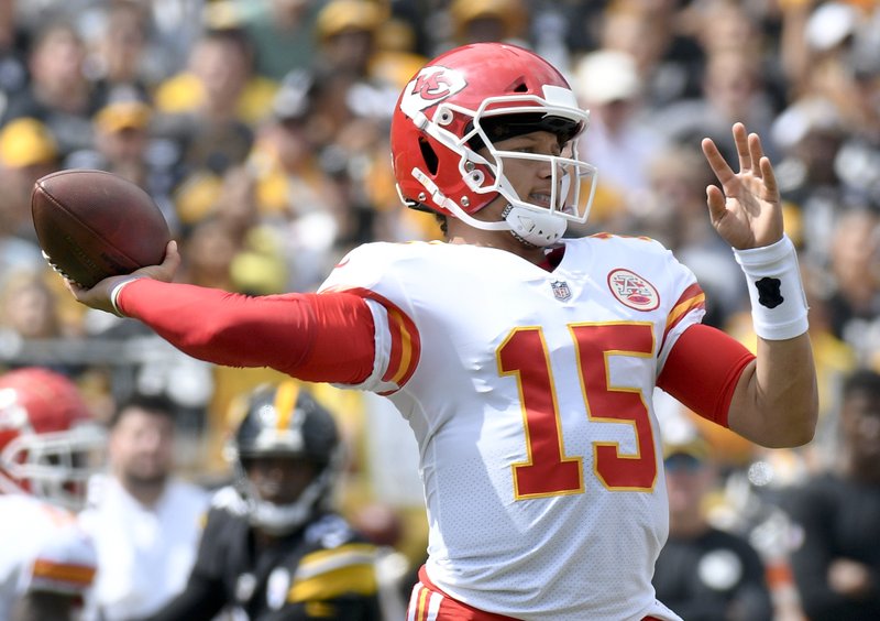 Kansas City Chiefs quarterback Patrick Mahomes (15) plays in the first quarter of an NFL football game against the Pittsburgh Steelers, Sunday, Sept. 16, 2018, in Pittsburgh. (AP Photo/Don Wright)