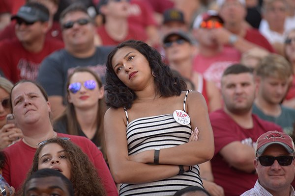 Arkansas fans react after a North Texas score Saturday, Sept. 15, 2018, during the second quarter at Razorback Stadium in Fayetteville. Visit nwadg.com/photos to see more photographs from the game.