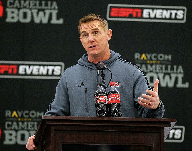 Arkansas State head coach Blake Anderson talks about the game against Middle Tennessee State during a press conference on Friday, Dec. 15, 2017, at the Camellia Bowl in Montgomery, Alabama. 