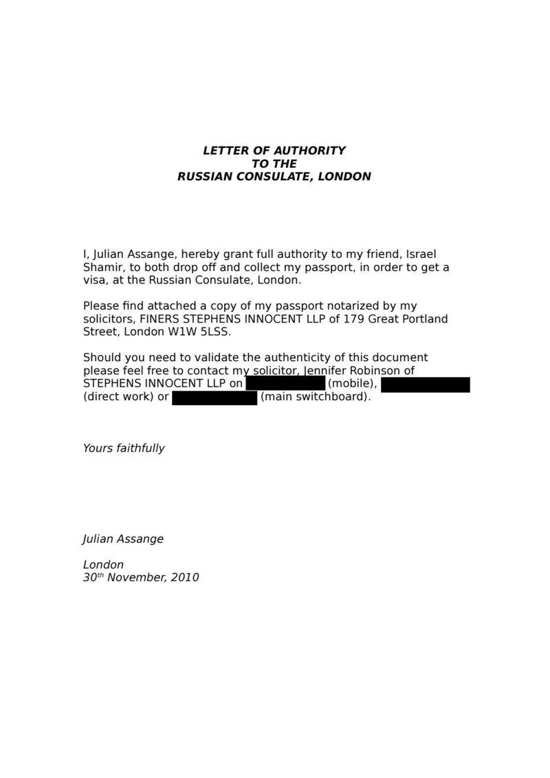 This document obtained by The Associated Press shows a letter to the Russian Consulate in London dated Nov. 30, 2010. Although it isn&#x2019;t clear whether the missive was actually delivered to the consulate, it does show that WikiLeaks founder Julian Assange sought a Russian visa as authorities were closing in on him in the wake of his publication of U.S. State Department cables. The letter is part of a wider cache of internal WikiLeaks files recently obtained by the AP. Sections of the image are redacted to protect sensitive information. (AP Photo)