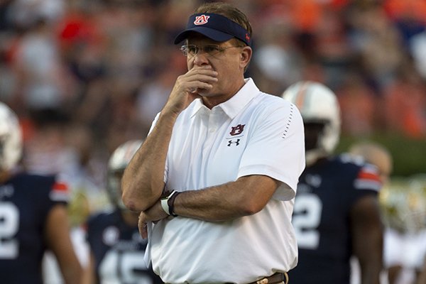 Auburn head coach Gus Malzahn watches his team warm up before an NCAA college football game against Alabama State, Saturday, Sept. 8, 2018, in Auburn, Ala. (AP Photo/Vasha Hunt)

