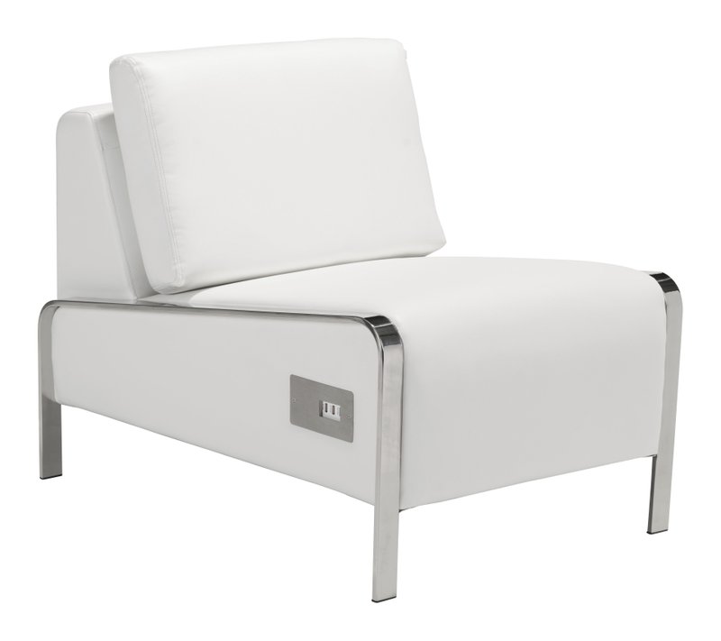 This undated photo provided by AllModern shows the Leeanne slipper chair from AllModern, which comes in white or black leatherette, and is equipped with three USB ports in the base. (AllModern via AP)

