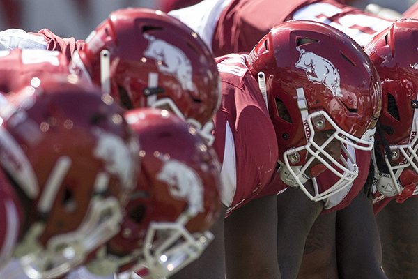 Arkansas defenders line up for a play against North Texas on Saturday, Sept. 15, 2018, in Fayetteville. 