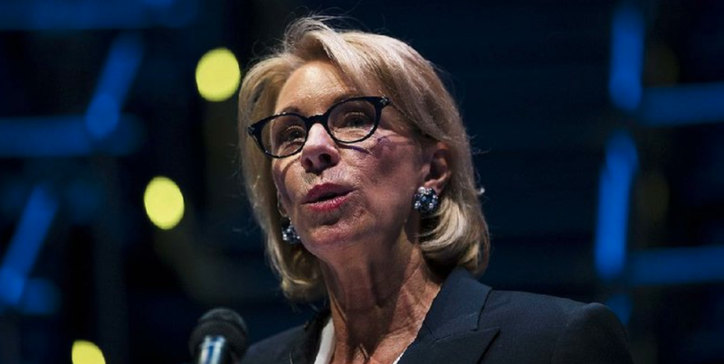 FILE - In this Sept. 17, 2018 photo, Education Secretary Betsy DeVos speaks during a student town hall at National Constitution Center in Philadelphia. (AP Photo/Matt Rourke)