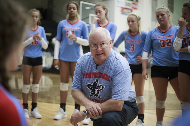 NWA Democrat-Gazette/CHARLIE KAIJO Southside High School head coach Steve Haaser directs his team during an Early Bird Invitational volleyball match, Saturday, August 25, 2018 at Bentonville High School in Bentonville. Fort Smith Southside volleyball coach Steve Haaser is in his 40th season of coaching and picked up his 1,000th win over the weekend as the Mavericks won the Volley in the Valley tournament in Russellville on Saturday.