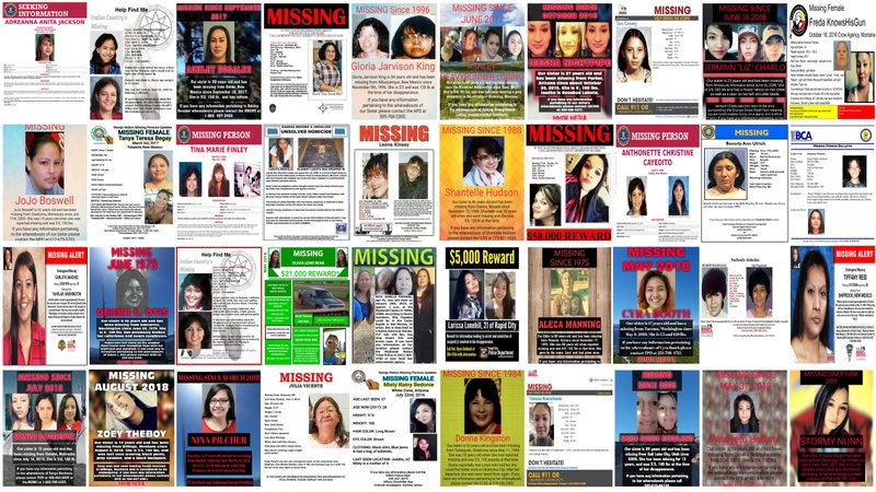 This file combination of images from various law enforcement agencies and organizations shows posters of missing and murdered Native American women and girls as of September 2018. No one knows precisely how many there are because authorities don't have reliable statistics.  (AP, File)