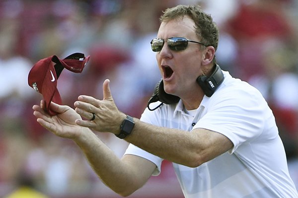 Arkansas coach Chad Morris reacts to a call against North Texas in the first half of an NCAA college football game Saturday, Sept. 15, 2018, in Fayetteville, Ark. (AP Photo/Michael Woods)

