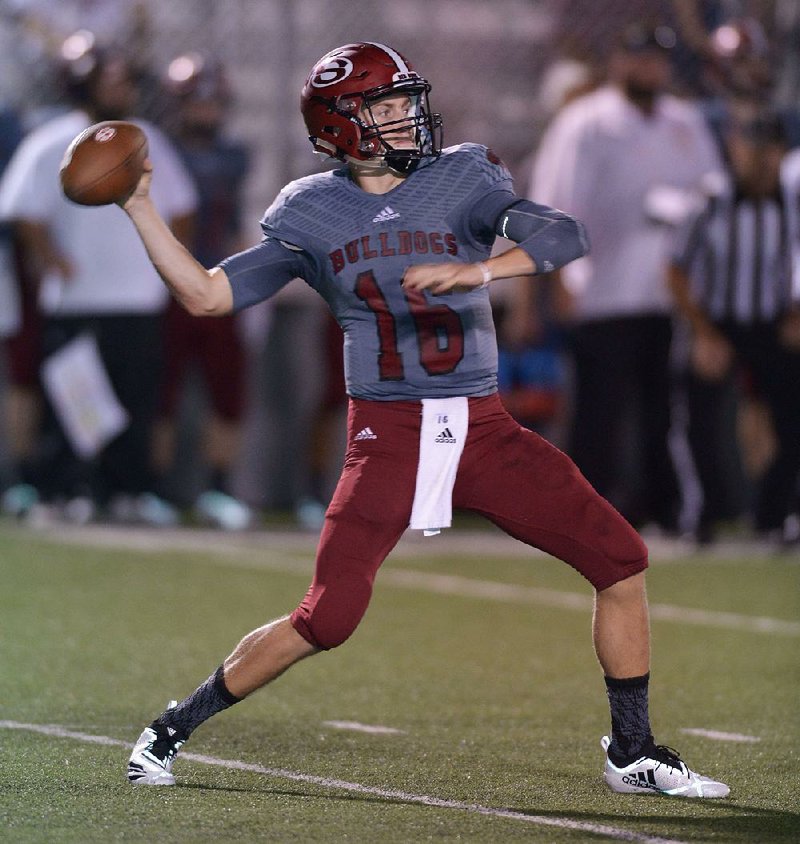 NWA Democrat-Gazette/ANDY SHUPE
Springdale quarterback Grant Allen passes against Alma Friday, Sept. 7, 2018, during the first half at Jarrell Williams Bulldog Stadium in Springdale. Visit nwadg.com/photos to see photographs from the game.