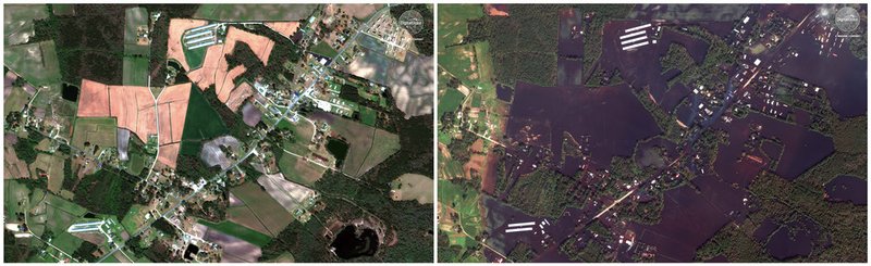 This combination of satellite images provided by DigitalGlobe shows farmland April 6, 2018, left, before Hurricane Florence moved through the area and after the storm Thursday, Sept. 20 near Wallace, N.C. 