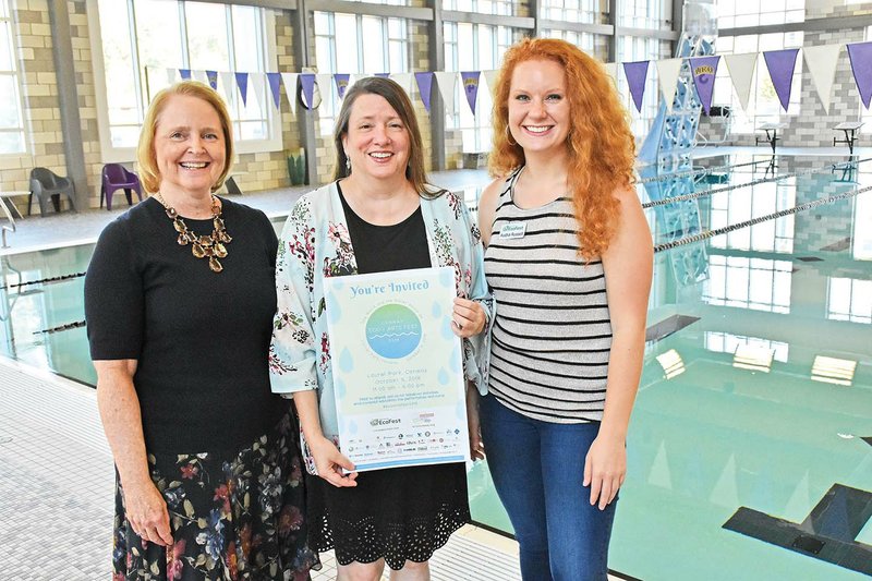 The Conway Eco + Arts Fest 2018 will feature several activities Oct. 1-6, all focused on water. Among organizers of the event are, from left, Gayle Seymour and Jennifer Deering, co-chairwomen of Conway Arts Fest, and Audra Russell, event planner for Conway EcoFest. One of the signature events of the festival will be an underwater concert and dance performance at the University of Central Arkansas’ HPER Center’s swimming pool, shown here.