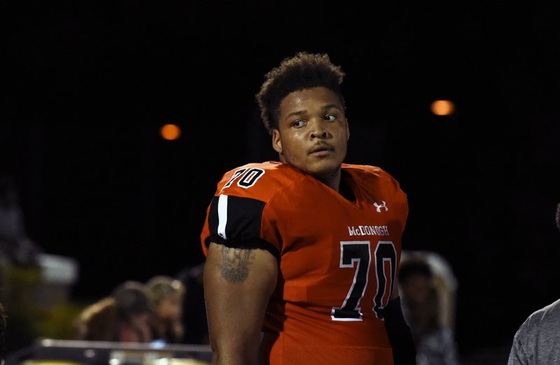  In this Sept. 16, 2016, file photo, McDonogh high school football lineman Jordan McNair watches from the sideline during a game in McDonogh, Md.  (Barbara Haddock Taylor/The Baltimore Sun via AP, File)