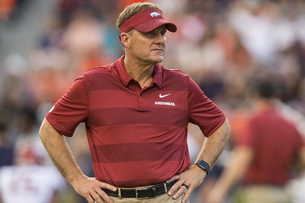 Arkansas coach Chad Morris watches warmups prior to a game against Auburn on Saturday, Sept. 22, 2018, in Auburn, Ala. 