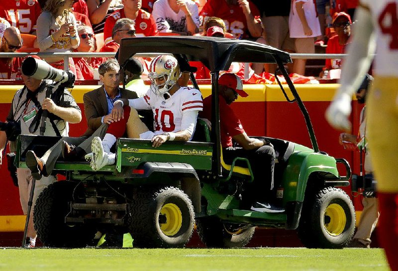 San Francisco 49ers quarterback Jimmy Garoppolo is carted off the field after suffering a knee injury during Sunday’s 38-27 loss to the Kansas City Chiefs. The 49ers fear Garoppolo might be out for the rest of the season.