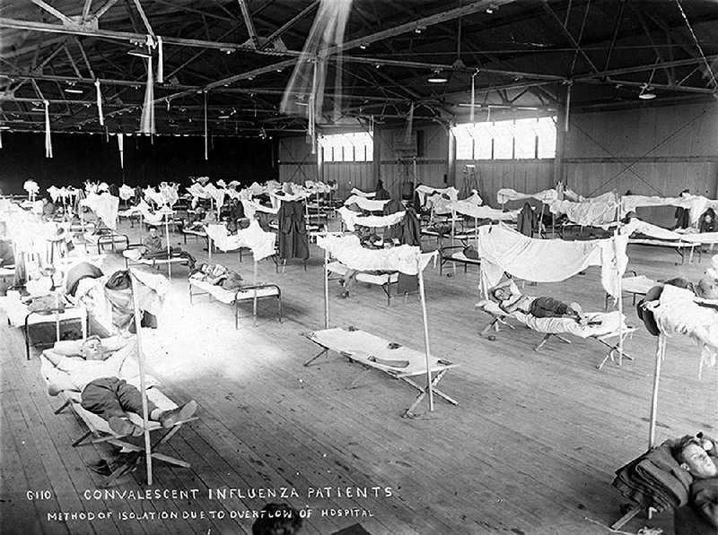 Soldiers convalesce from the so-called “Spanish flu” in September 1918 in an overflow ward of the hospital at Eberts Field in Lonoke.