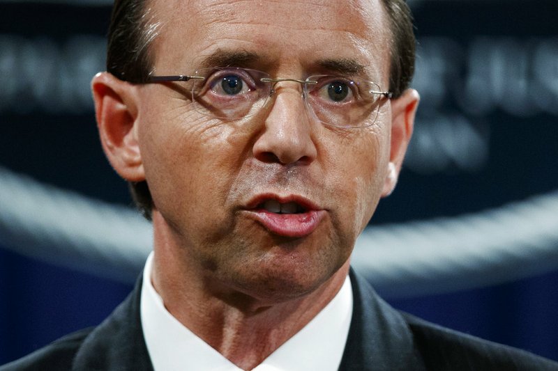 In this July 13, 2018 file photo, Deputy Attorney General Rod Rosenstein speaks during a news conference at the Department of Justice in Washington. Rosenstein is expecting to be fired, heading to White House Monday morning.