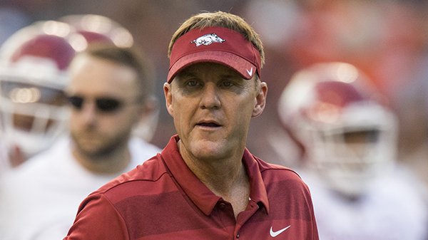 Chad Morris, Arkansas head coach, during warmups before the game vs vs Auburn Saturday, Sept. 22, 2018, at Jordan-Hare Stadium in Auburn, Ala.