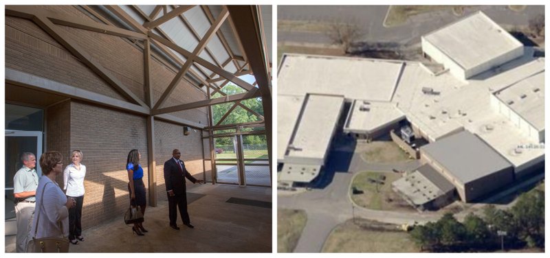 At left, Little Rock School District Deputy Superintendent Marvin Burton leads a tour of McClellan High School in this 2017 file photo. At right, J.A. Fair High School is shown in an aerial photo from the Pulaski County assessor's office.
