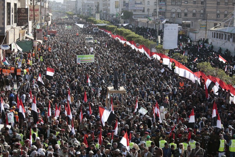 In this Dec. 5, 2017 file photo, supporters of Shiite Houthi rebels attend a rally in Sanaa, Yemen. In a statement Monday, Sept 24, 2018, Human Rights Watch accused the Houthis, of committing abuses including hostage taking, torture and enforced disappearances of people they hold in detention. HRW said United Arab Emirates forces, forces loyal to the UAE, and Yemeni government forces have also arbitrarily detained, tortured and forcibly disappeared scores of people in the Yemeni conflict. (AP Photo/Hani Mohammed, File)