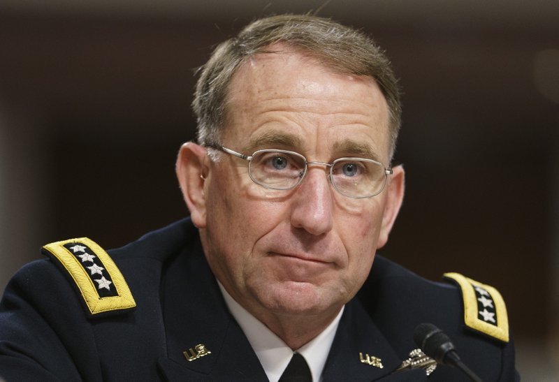 Gen. Robert Abrams, looks to the dais as he testifies before the Senate Armed Services Committee on Capitol Hill in Washington, Tuesday, Sept. 25, 2018. Gen. Abrams is nominated to take command of U.S. and allied forces in South Korea. He says the decision to cancel several major military exercises on the Korean peninsula this year caused a slight degradation in the readiness of American forces. (AP Photo/Carolyn Kaster)