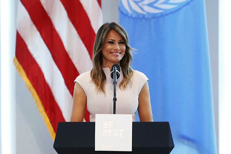 First lady Melania Trump speaks during a reception at the United States mission to the United Nations, Wednesday, Sept. 26, 2018, in New York. 