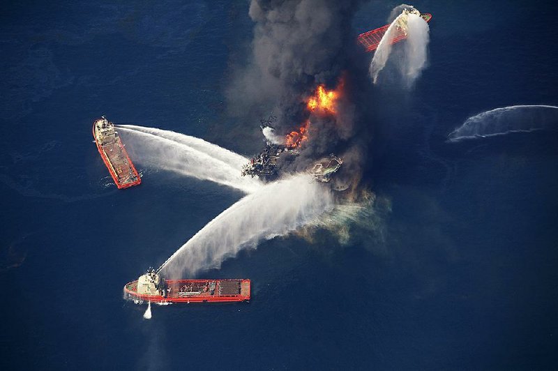 The Deepwater Horizon oil rig burns in the Gulf of Mexico in April 2010 after an explosion that was caused by the failure of a blowout preventer safety device. 