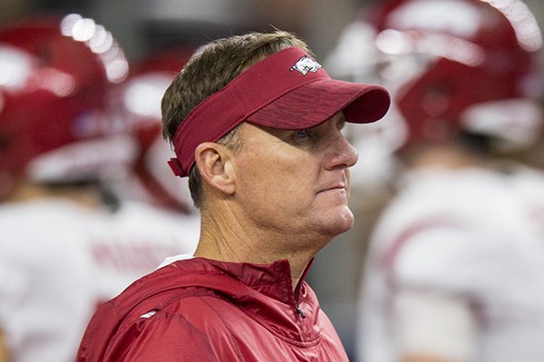 Chad Morris, Arkansas head coach, during warmpups before the game vs Texas A&M Saturday, Sept. 29, 2018, during the Southwest Classic at AT&T Stadium in Arlington, Texas.
