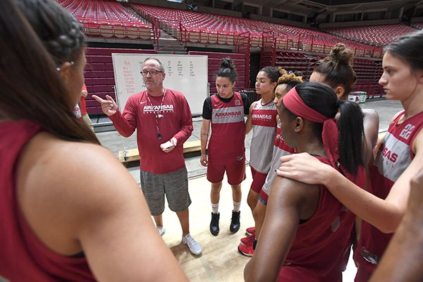 NWA Democrat-Gazette/J.T. WAMPLER Head coach Mike Neighbors talks to his team during practice Monday Oct. 1, 2018 at Bud Walton Arena in Fayetteville.