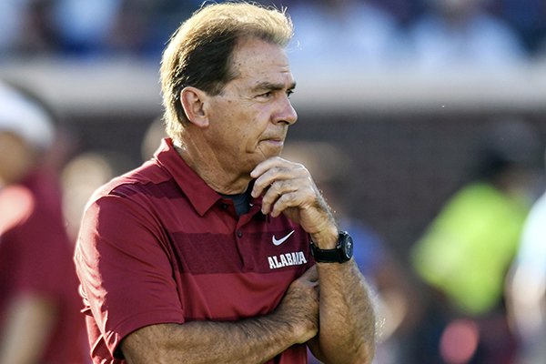 Alabama head coach Nick Saban watches pregame warmups before the NCAA college football game against Mississippi, Saturday, Sept. 15, 2018, in Oxford, Miss. (Bruce Newman/The Oxford Eagle via AP)

