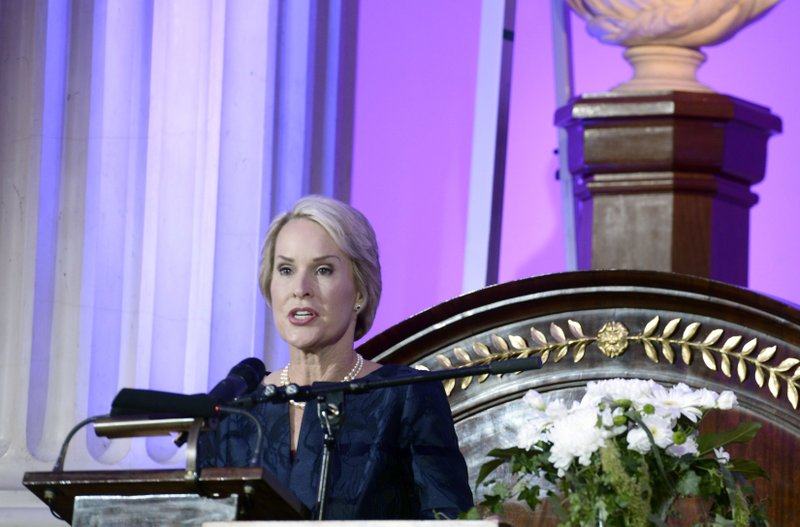 FILE - In this Tuesday, May 24, 2016 file photo, US biochemical engineer Frances Arnold, speaks after winning the Millennium Technology Prize 2016 during the awards ceremony in Helsinki, Finland. Frances Arnold, US, George P Smith US and Gregory P Winter of Britain have been awarded the 2018 Nobel Prize in Chemistry. (Heikki Saukkomaa/Lehtikuva via AP)