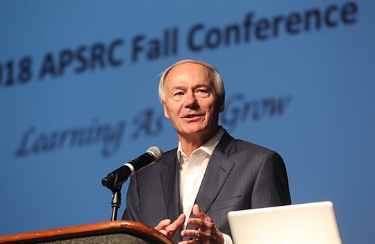 The Sentinel-Record/Richard Rasmussen BIG PLANS: Gov. Asa Hutchinson addressed educators from across Arkansas gathered Wednesday for the Arkansas Public School Resource Center's Fall Conference at the Hot Springs Convention Center. During his presentation, he briefed the crowd on an announcement he planned to make later in the day in Little Rock regarding his proposal to cut cabinet-level agencies from 42 to 15.