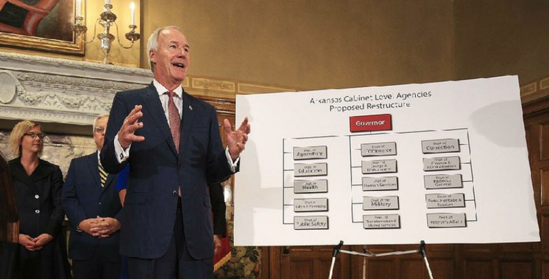 “This transformation will be done using existing resources and without decreasing staffing levels,” Gov. Asa Hutchinson said Wednesday in unveiling his government reorganization plan. 