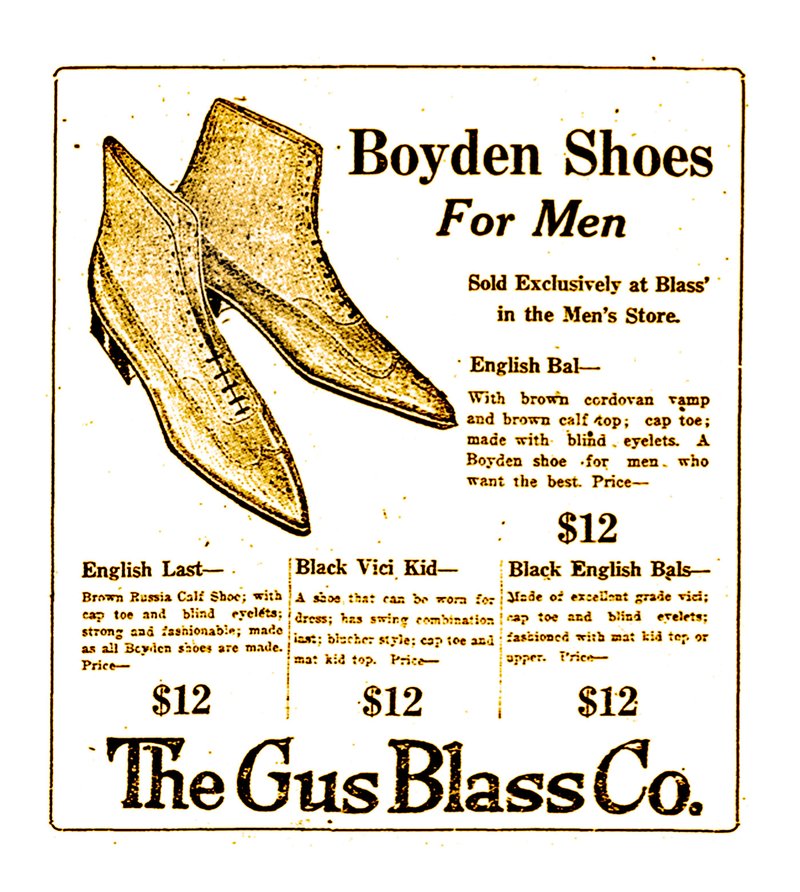 From the Oct. 5, 1918, Arkansas Gazette, an ad for pointy pointy Boyden Shoes for Men, available at The Gus Blass Co.